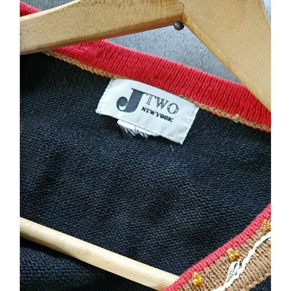 Vtg Black Embroidered Beaded Rooster Chicken Cardigan Large Grannycore Colorful - Picture 3 of 8